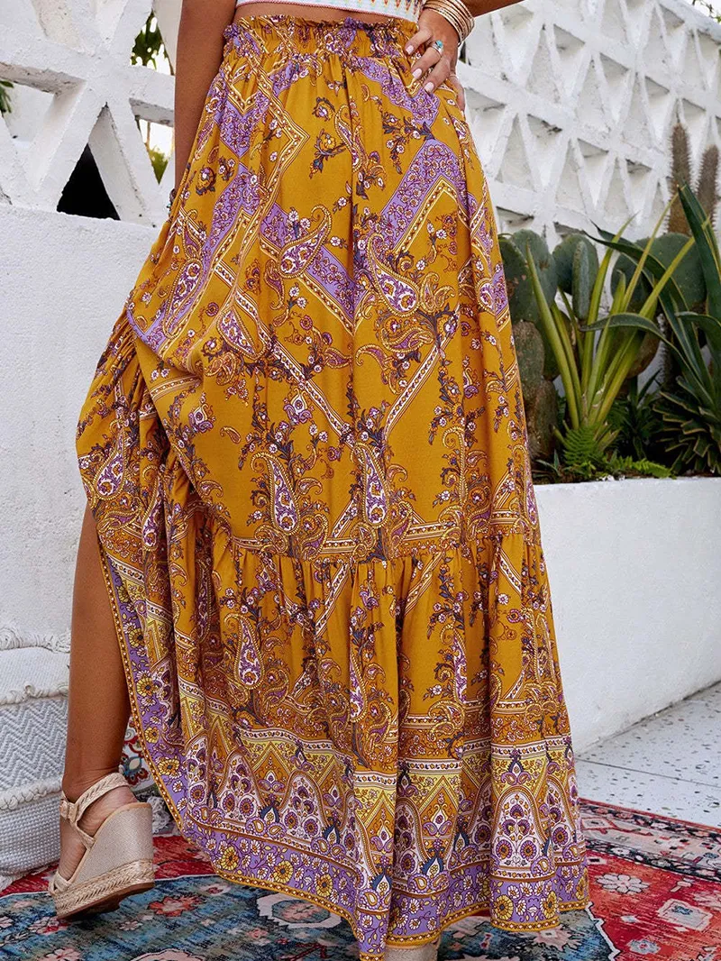 FLORAL PRINT RUFFLED DRAWSTRING MAXI SKIRT