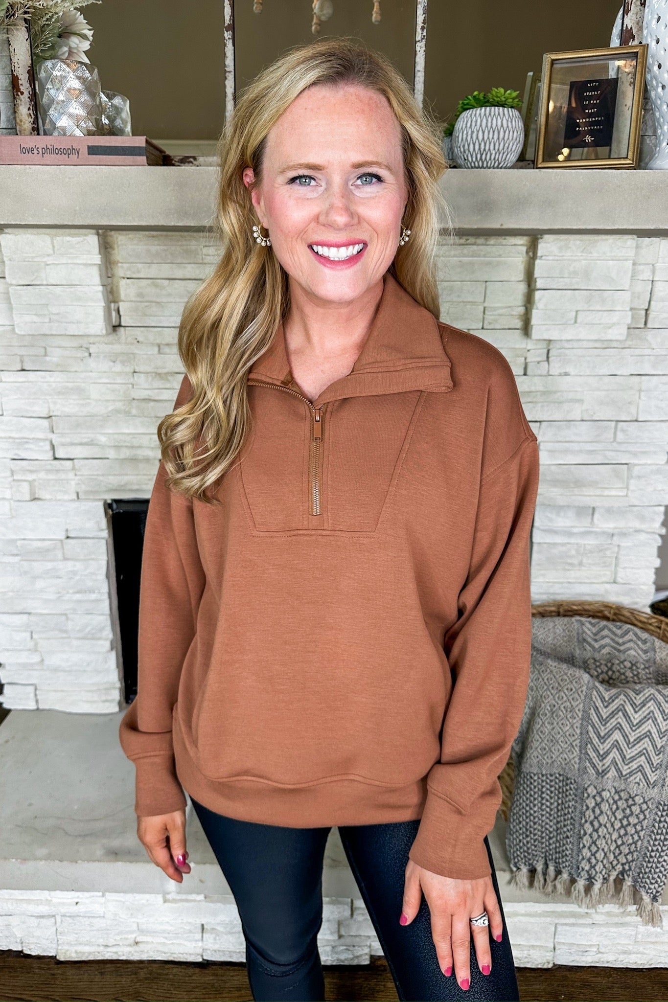 Buttery Soft Rust Collared Half Zip Kangaroo Pocket Pullover