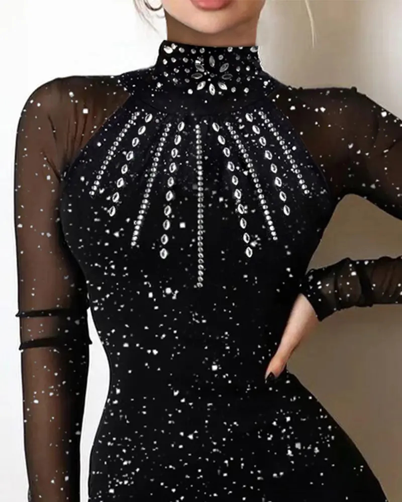 Glitter Rhinestone Sheer Mesh Patch Bodycon Dress