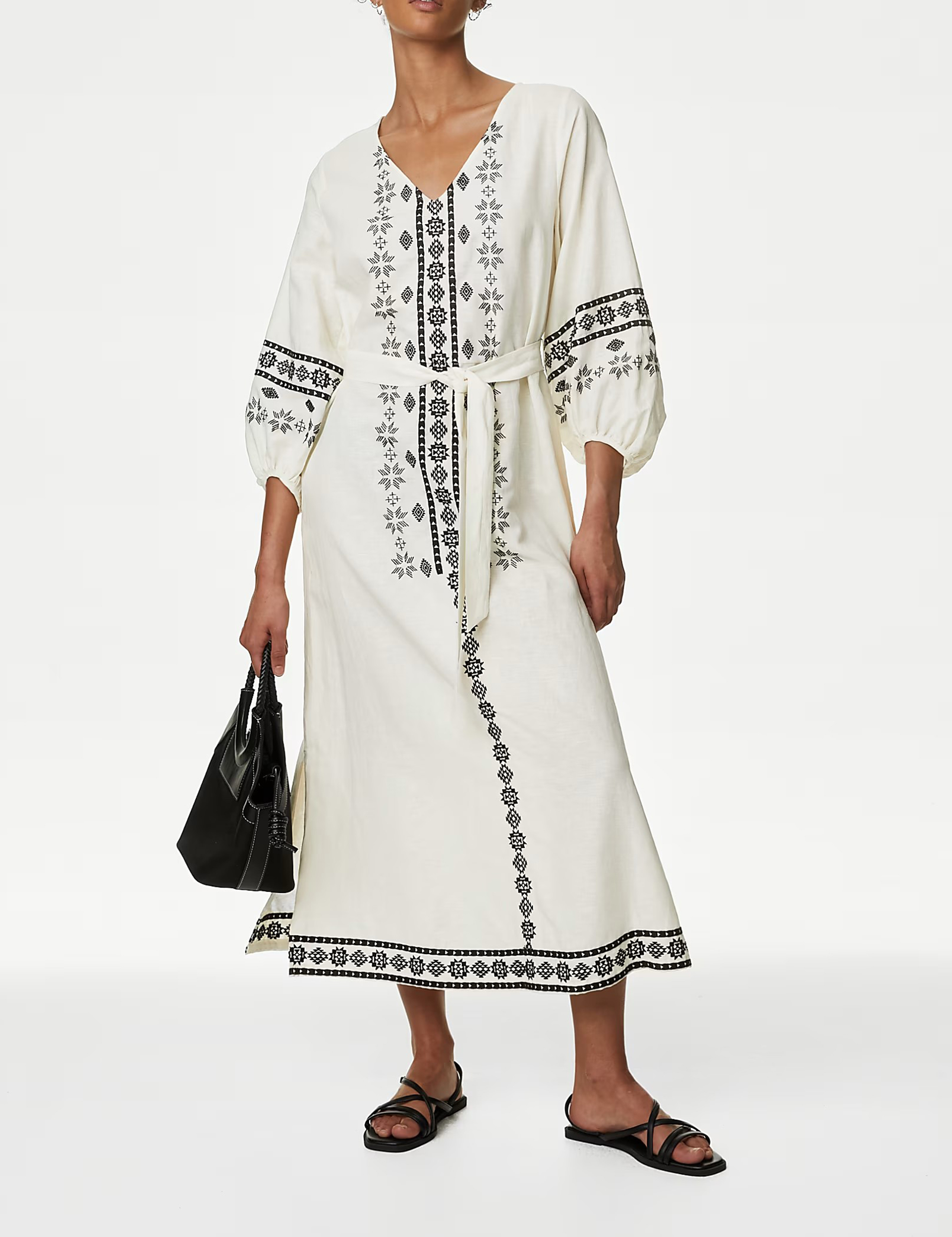 Linen Rich Embroidered V-Neck Day Dress