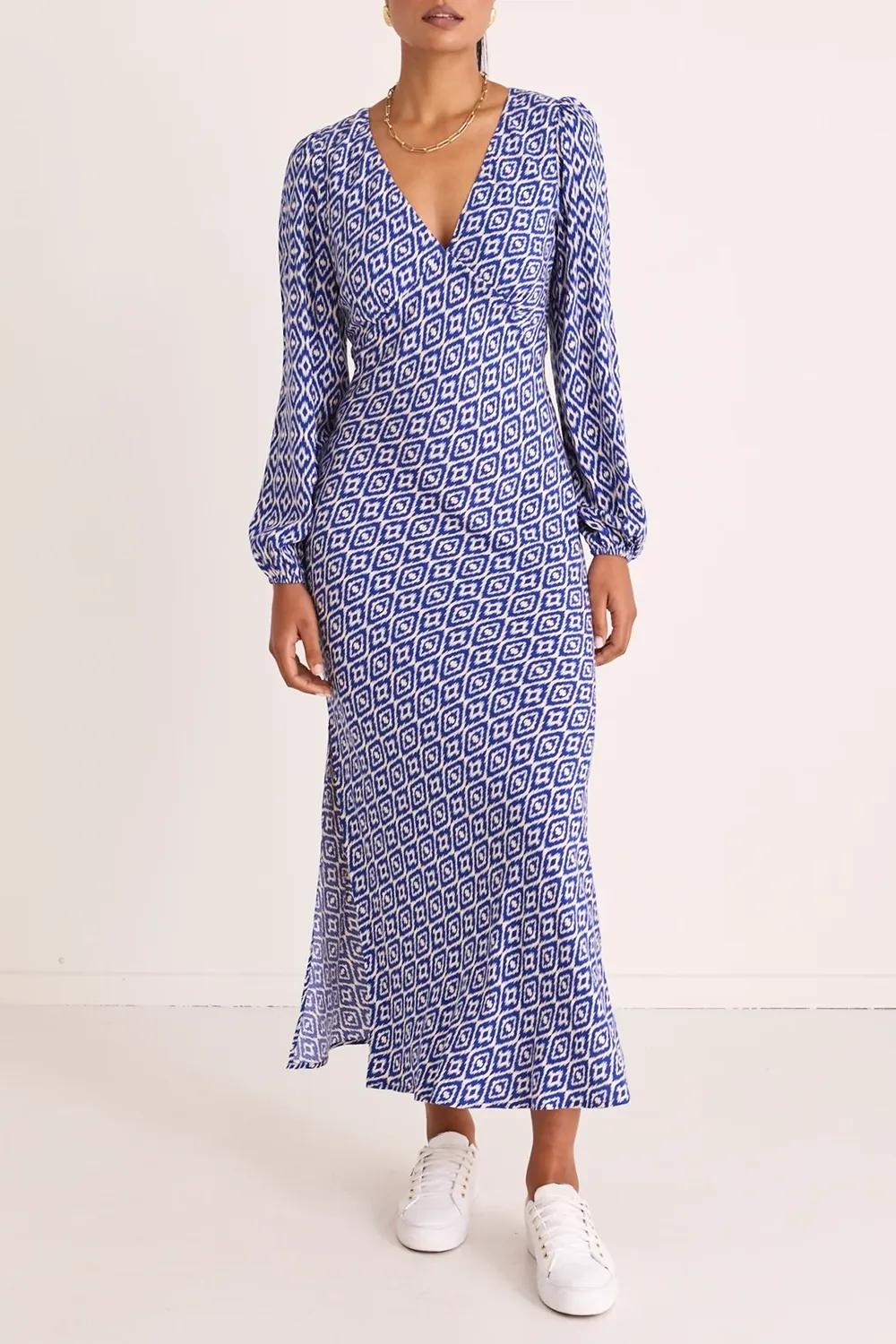 Phoenix Electric Blue Batik LS Bias Midi Dress