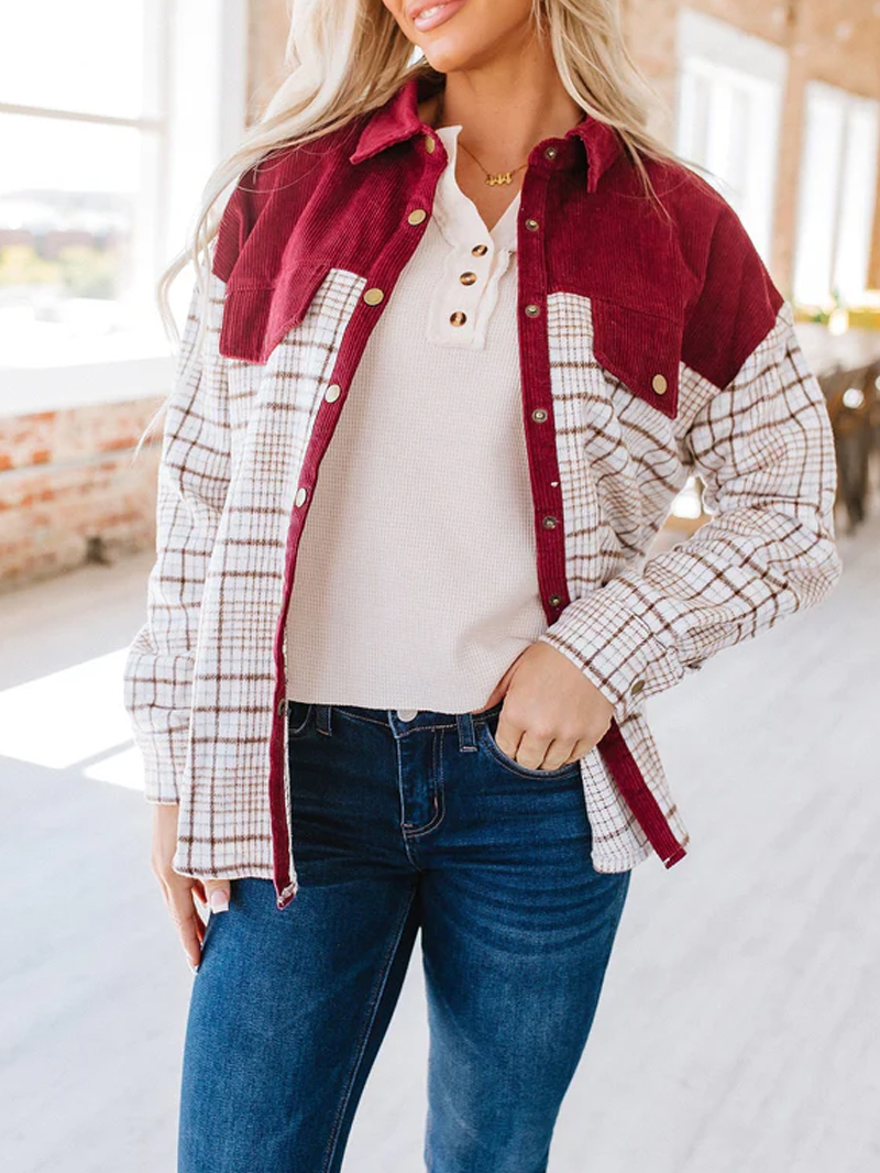 Wine Red Casual Elegant Plaid Jacket Coat