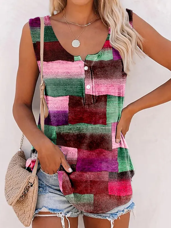 Vintage Colorblocked Button Up Tank Top