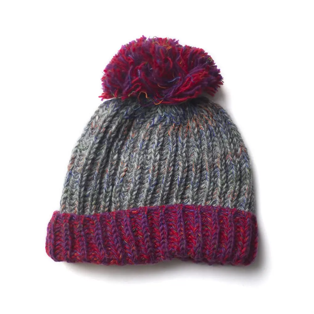 Chunky Knitted Contrast Brim Bobble Hat