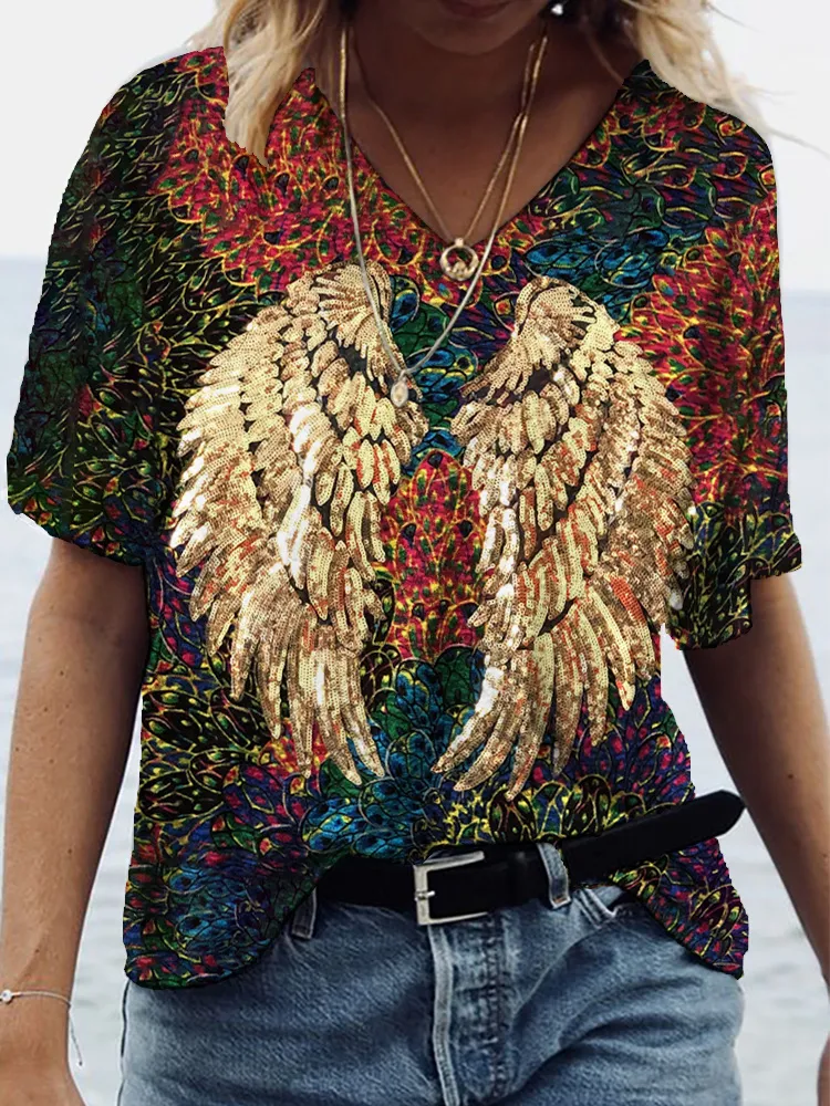 Sequined Wings & Flowers Casual Short Sleeve T-Shirt