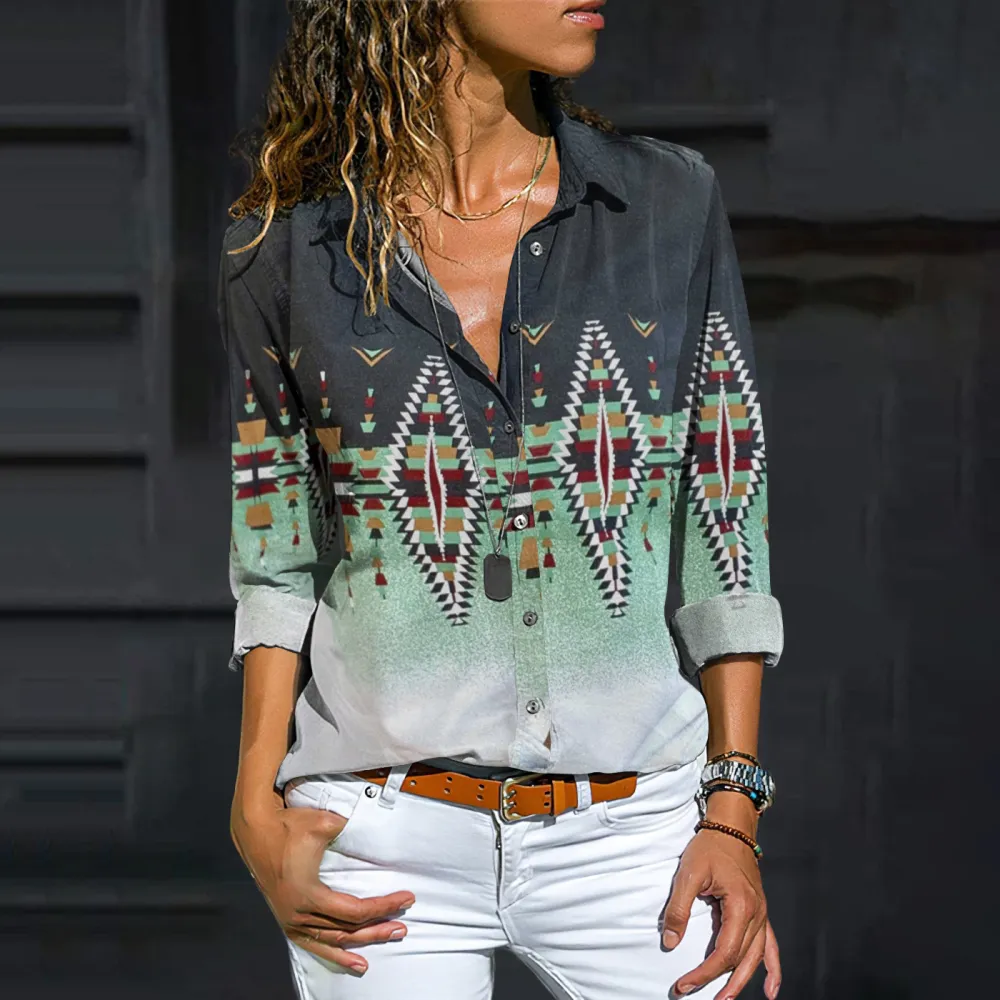 Gradient Western Denim Pattern Women'S Shirt