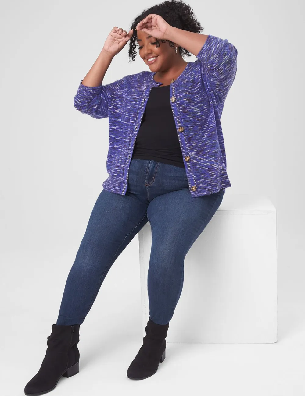 Classic Puff-Sleeve Button-Front Spacedye Cardigan