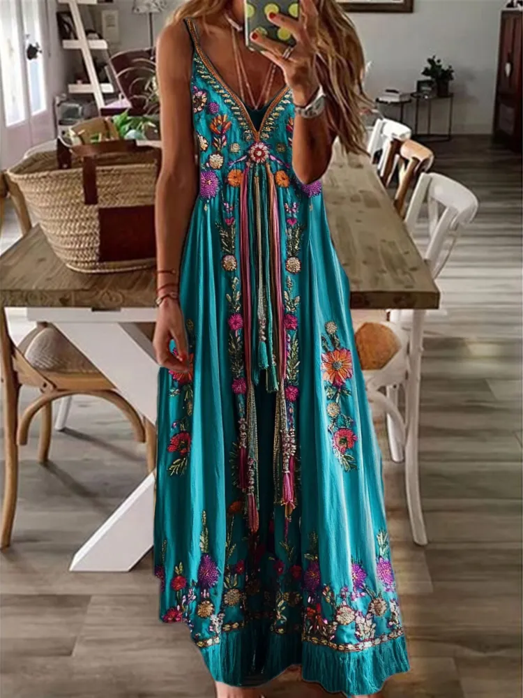 Boho Floral Embroidered Fringe Cami Maxi Dress