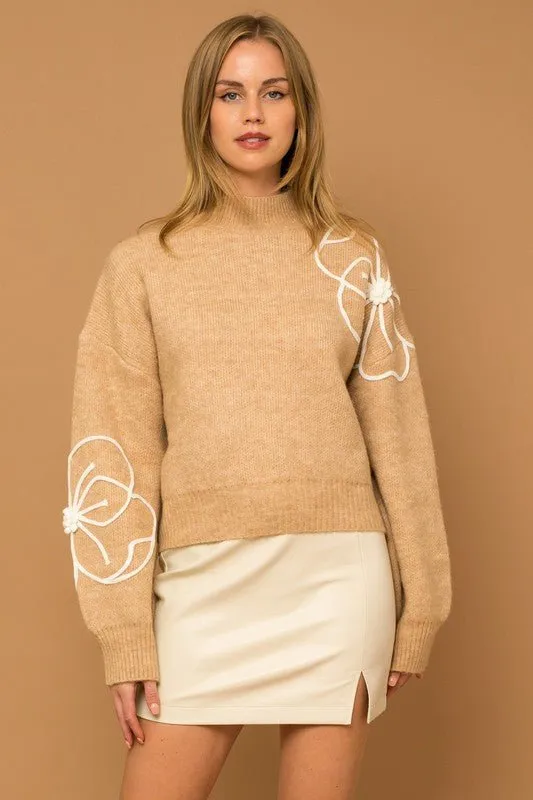 Flower Embroidered Mock Neck Sweater