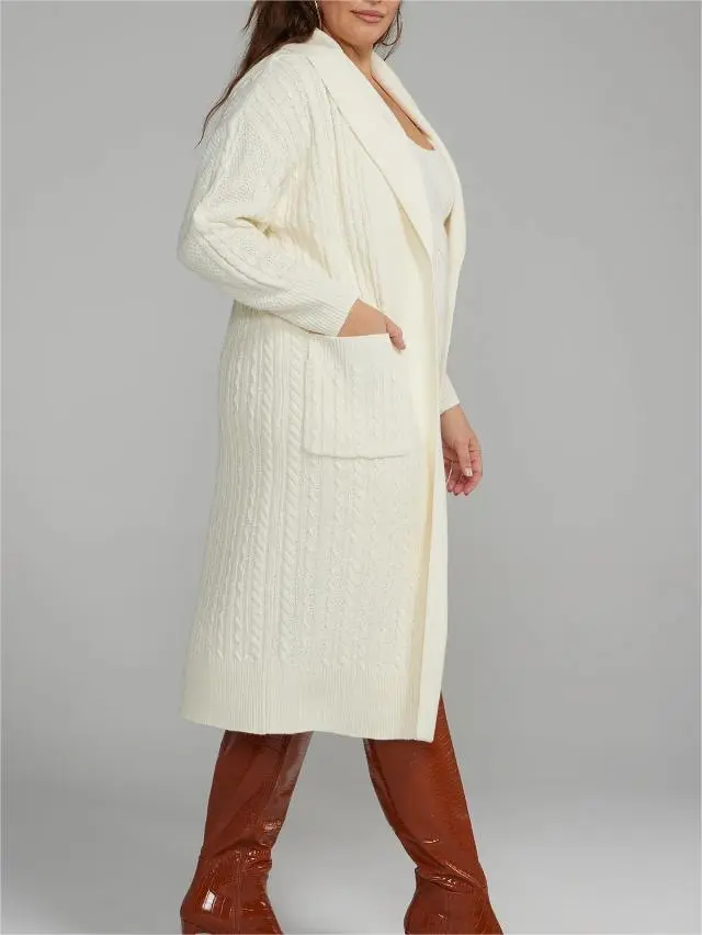 Shawl Collar Cable Knit Long Cardigan