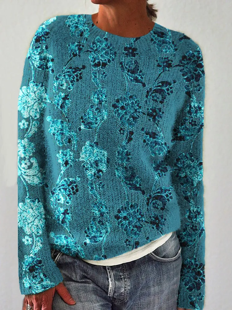 Turquoise Floral Velvet Art Cozy Knit Sweater