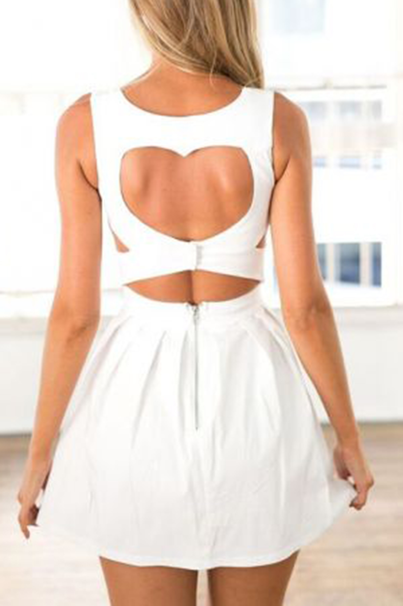 White Heart Cutout Dress with Fitted Bodice & Pleated Skirt