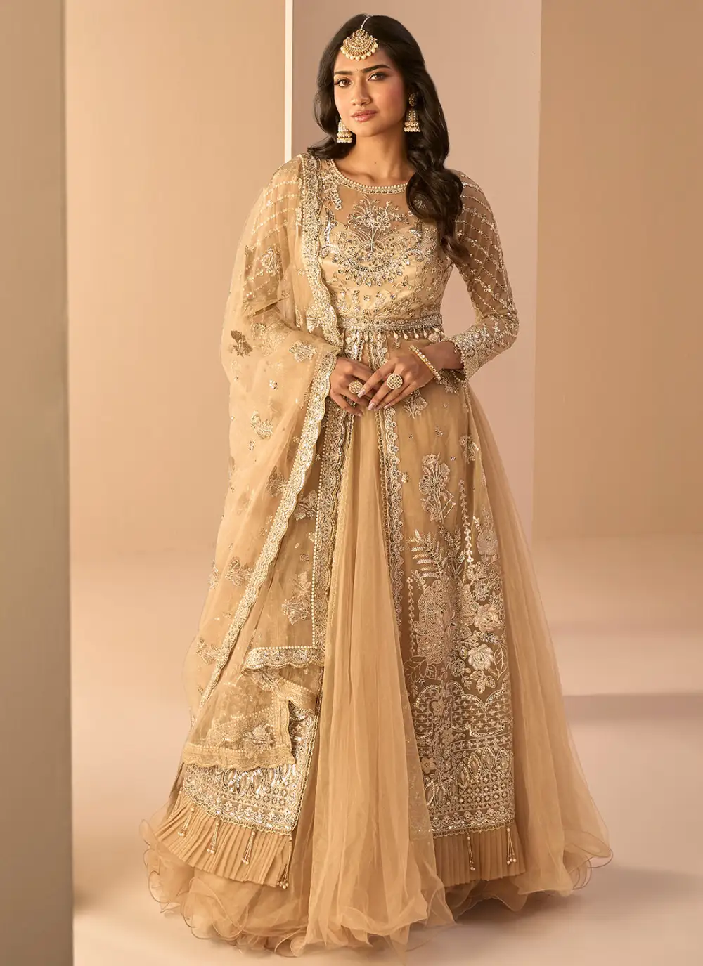 Golden Beige Embroidered Anarkali Style Lehenga