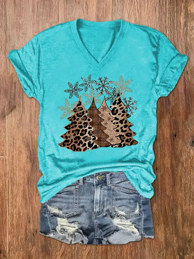 Women's Leopard   Tree Print V-Neck T-Shirt