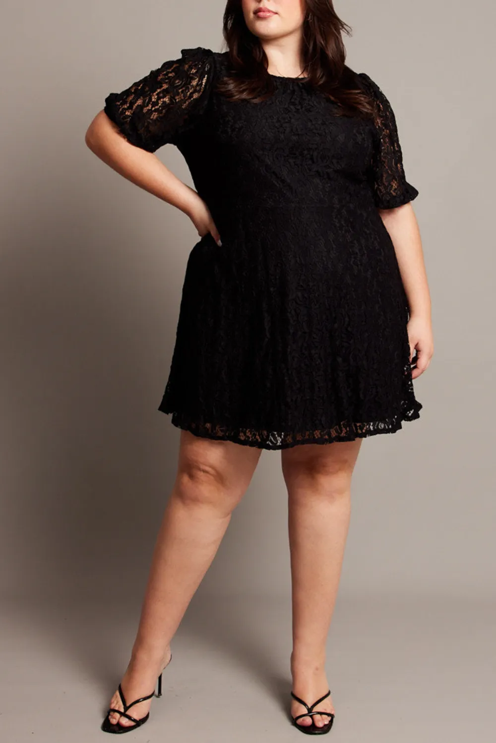 Black Lace Puff Sleeve Mini Dress