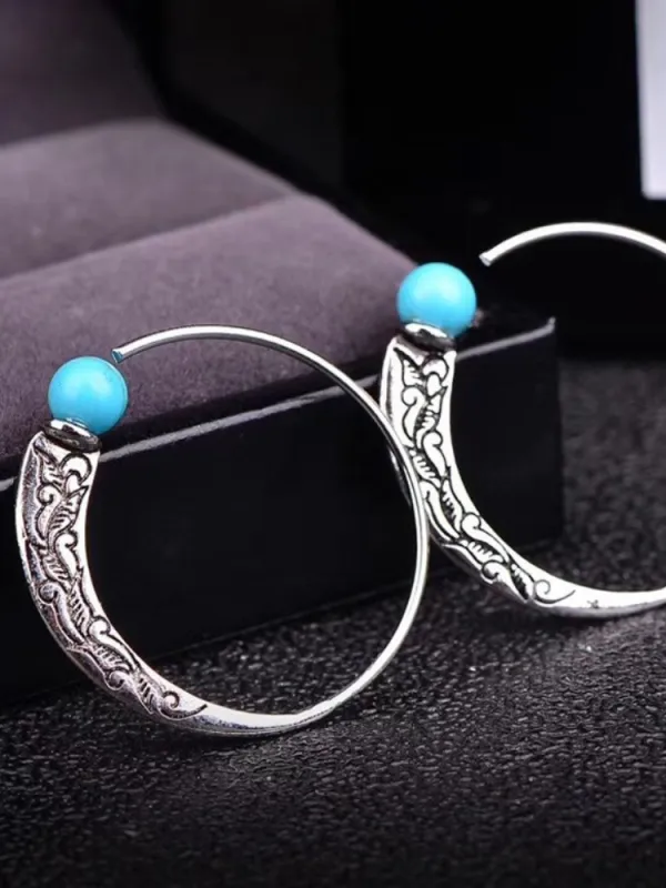 Vintage Carving Crescent Turquoise Earrings