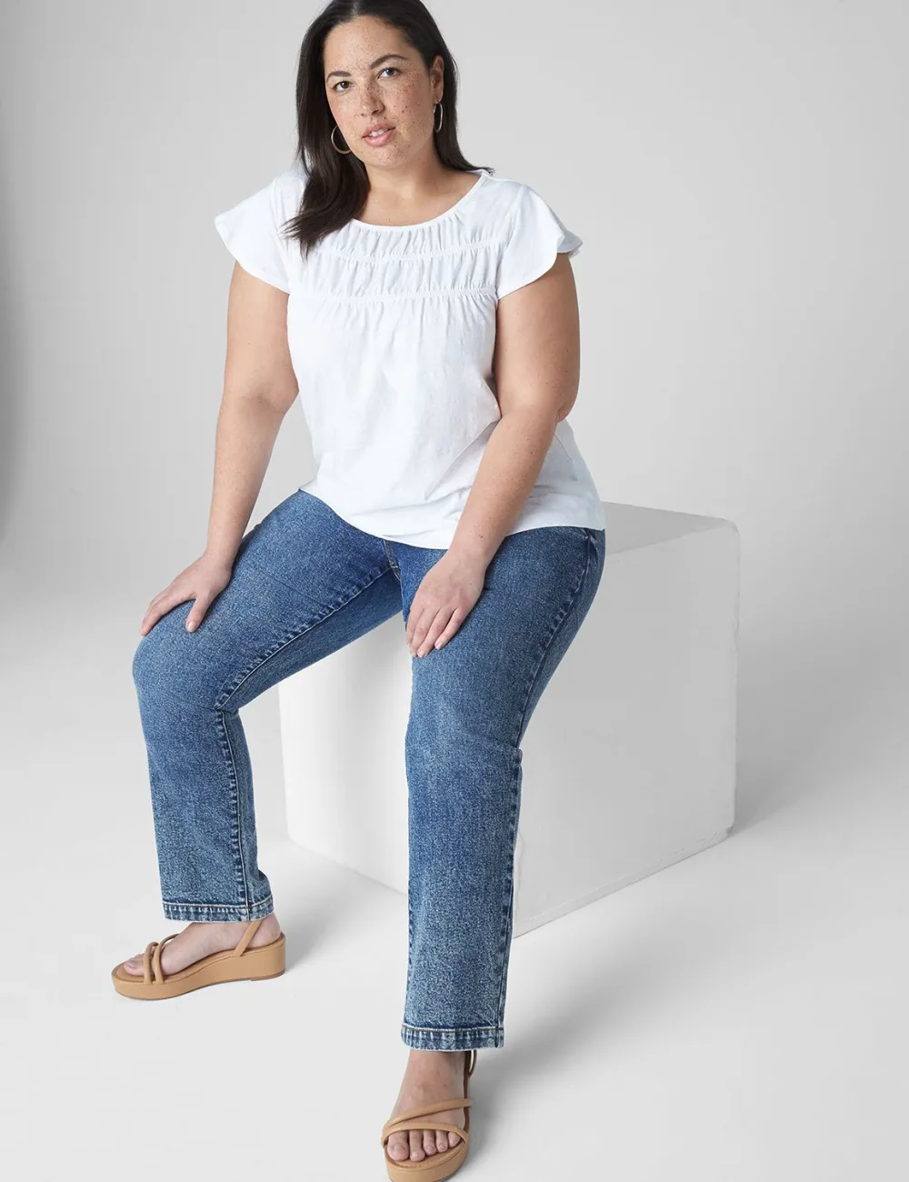 Flutter-Sleeve Boatneck Ruched Tee