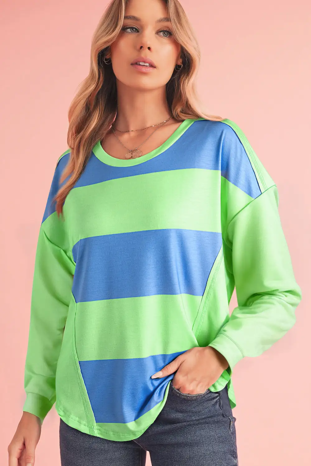 Blue Green Colorblock Drop Sleeve Round Neck Top