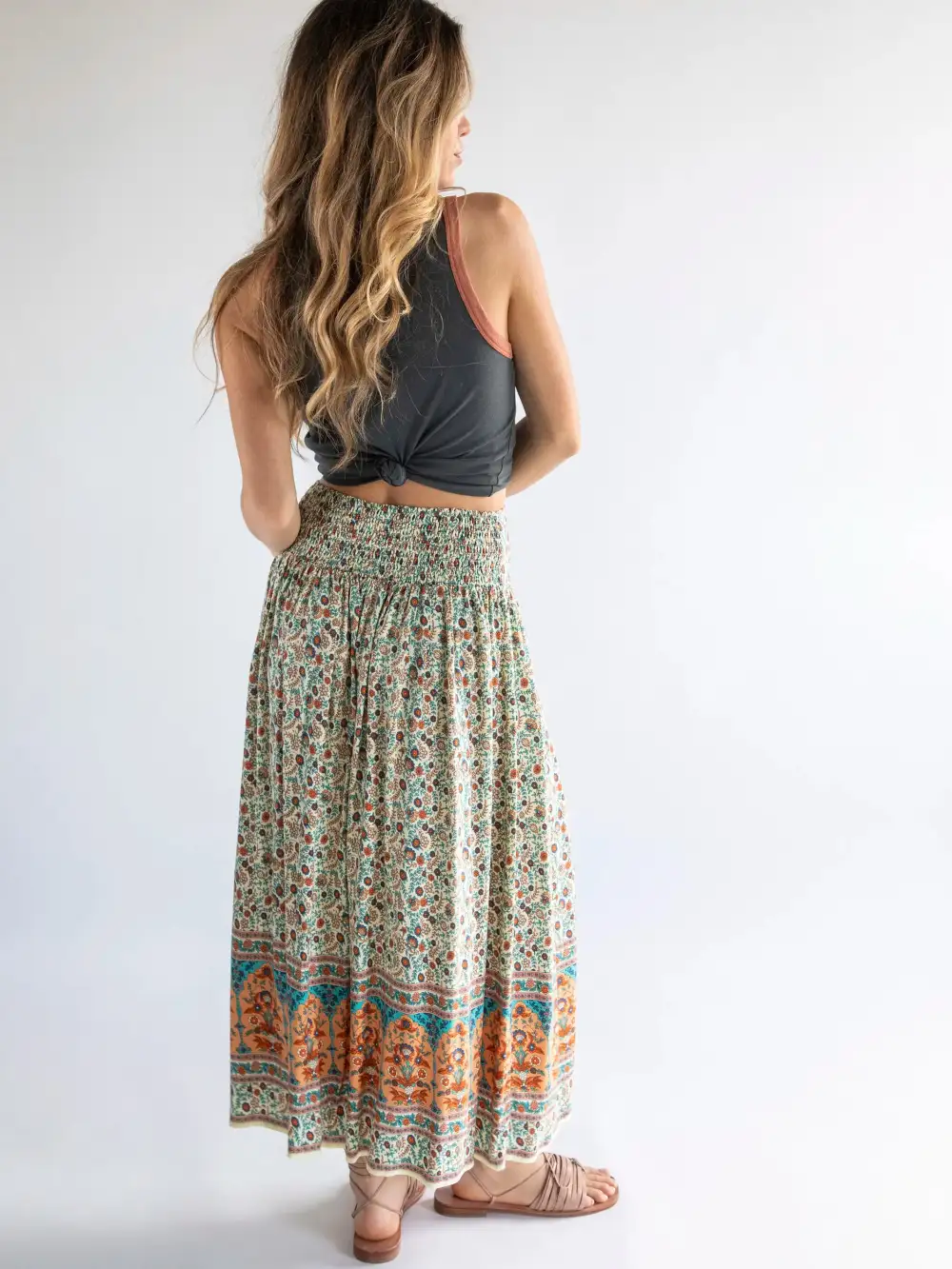 Addie Midi Skirt - Cream Orange Border