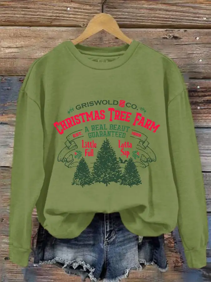 Women's Christmas Griswold Co Christmas Tree Farm Print Crew Neck Sweatshirt