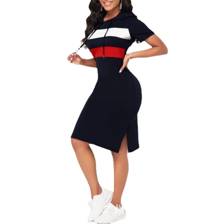 Women Summer Color Block Short Sleeve Casual Dress