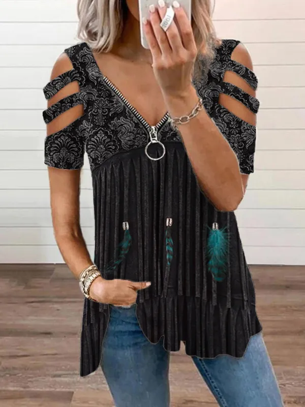 Vintage Feather Tassel Pattern Hollow Shoulder T Shirt