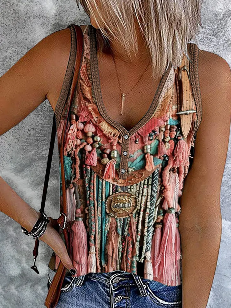 Vintage Tassel Printed V-Neck Button Tank Top