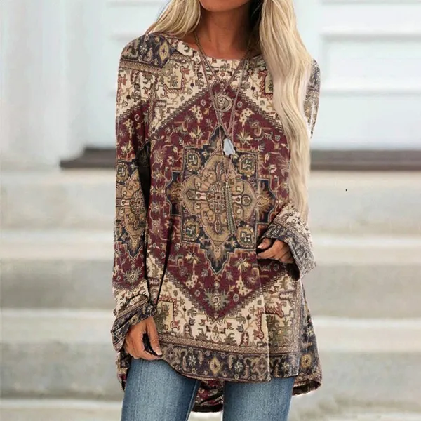 Ethnic Tribal Printed Round Neck Long Sleeve T-Shirt