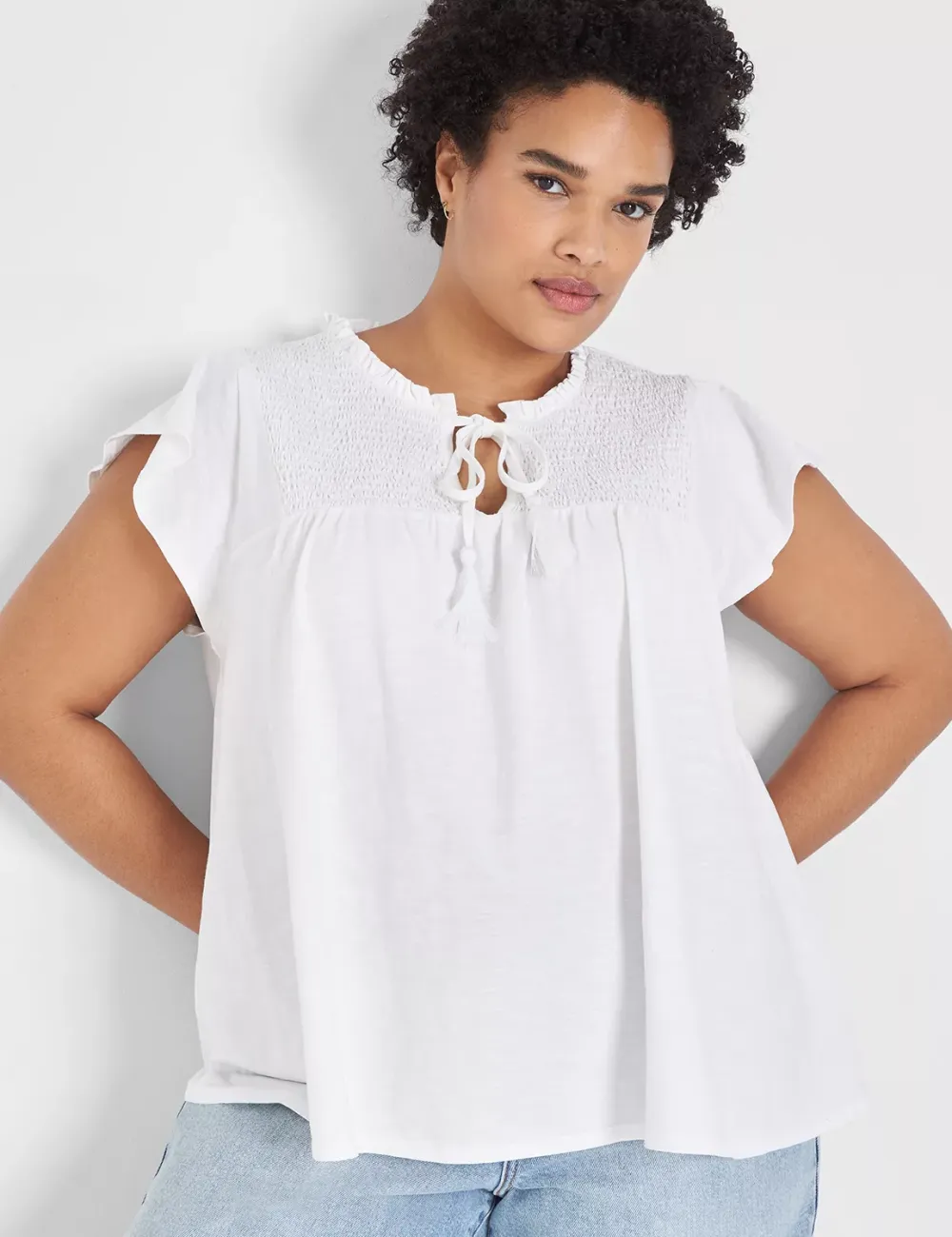 Swing Ruffle-Neck Smocked-Yoke Tee