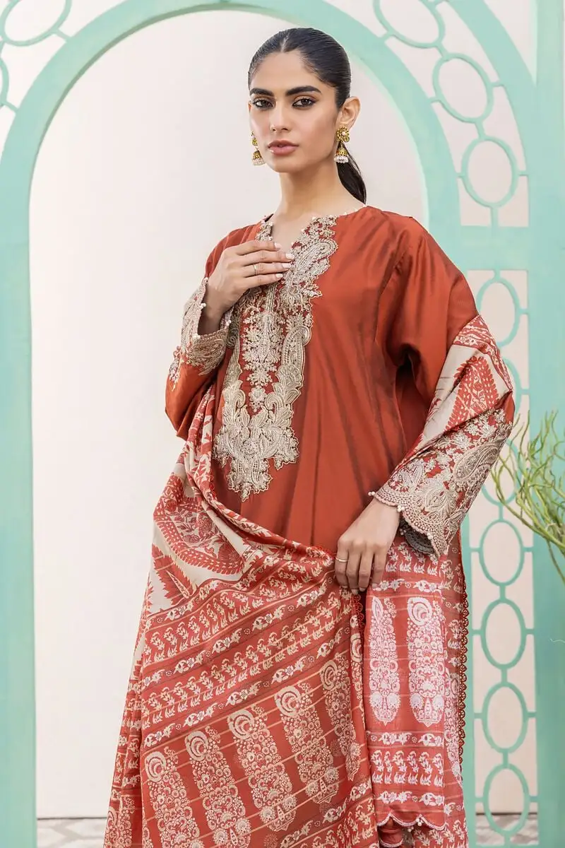 3 Piece Kurta Embroidered | Dupatta& Bottom & Tops | Color Red-brown