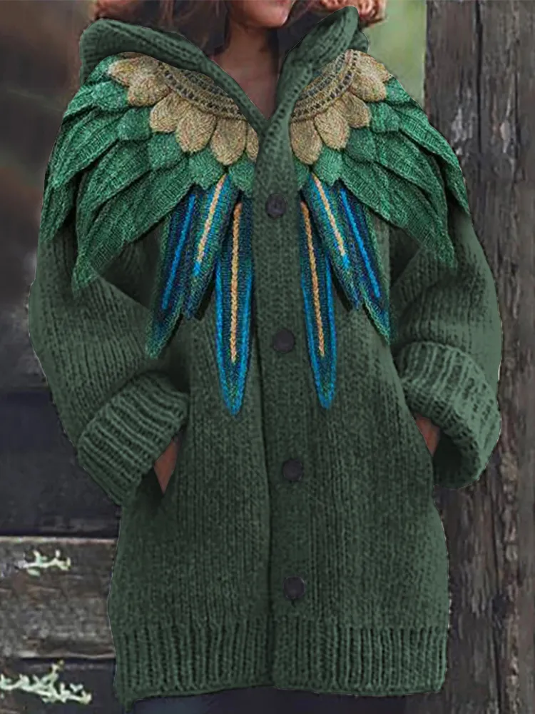 Ethnic Peacock Feathers Inspired Crochet Knit Hooded Cardigan