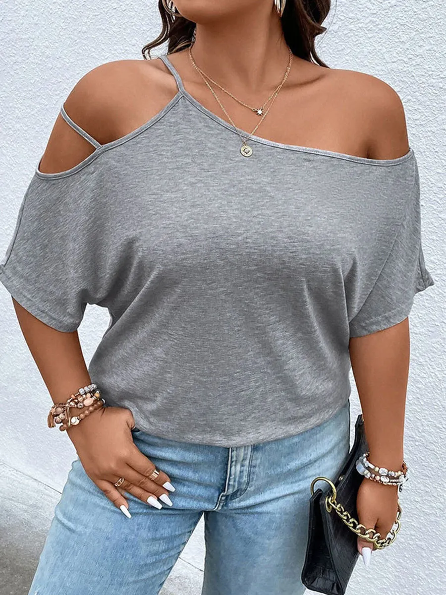 Asymmetrical Neck Batwing Sleeve Cut Out Tee