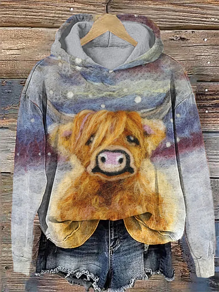 Cute Highland Cow Felt Art Painting Casual Cozy Hoodie