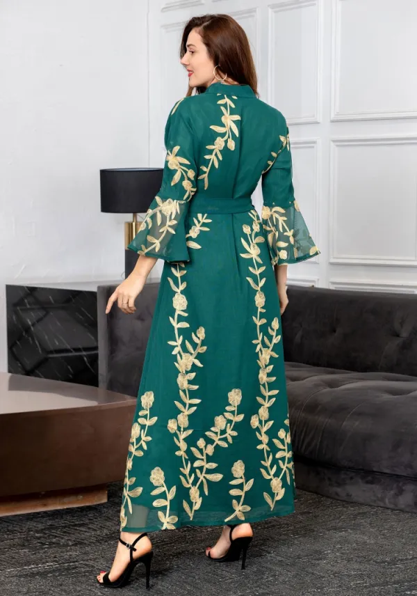 Women Summer Green Arab Dubai Middle East Turkey Morocco Floral Print Sequined Islamic Clothing Kaftan Abaya Muslim Dress