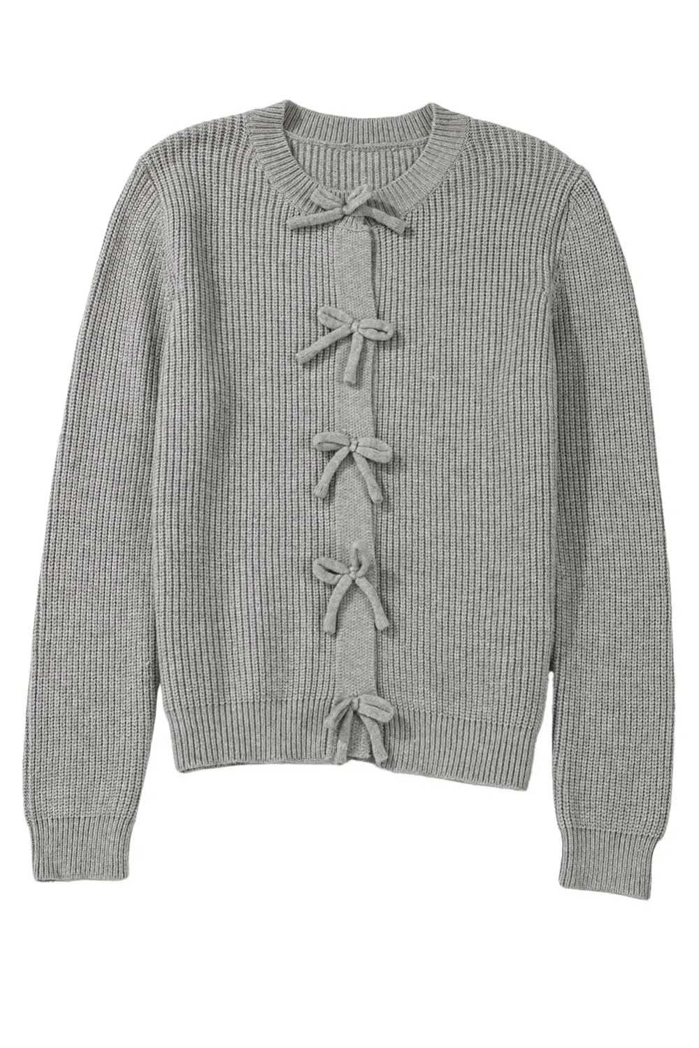 Philippine Gray Ribbed Knit Bow Front Buttoned Cardigan