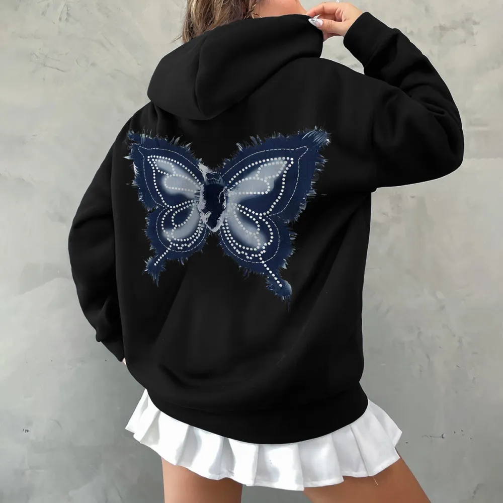 Denim texture butterfly print pattern women's fashion hoodie