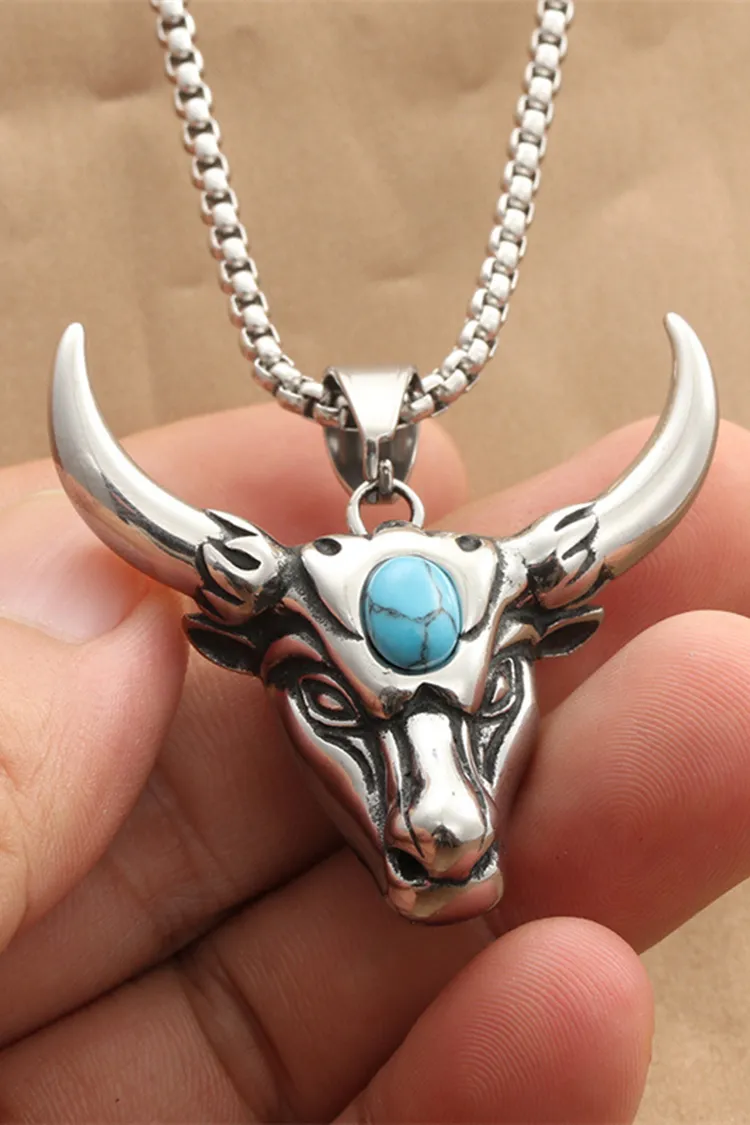 Stainless Steel Turquoise Bull Head Necklace