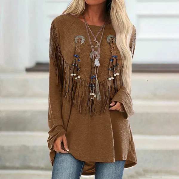 Women's Western Tassels Art Button Round Neck Casual Tunic