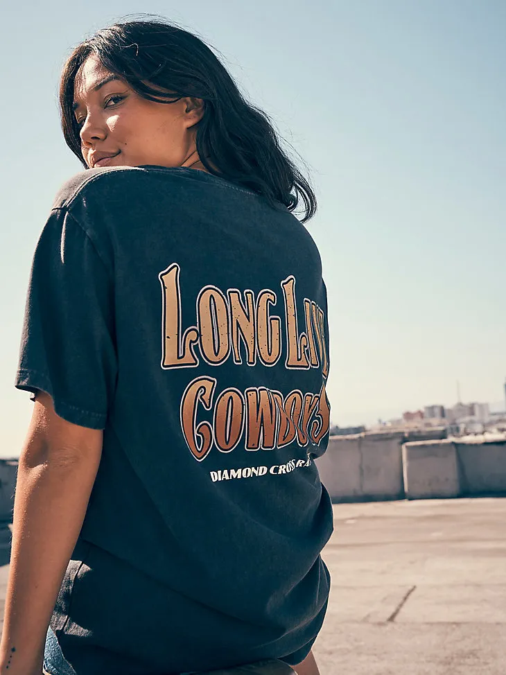 WRANGLER X DIAMOND CROSS LONG LIVE COWBOYS TEE IN CAVIAR