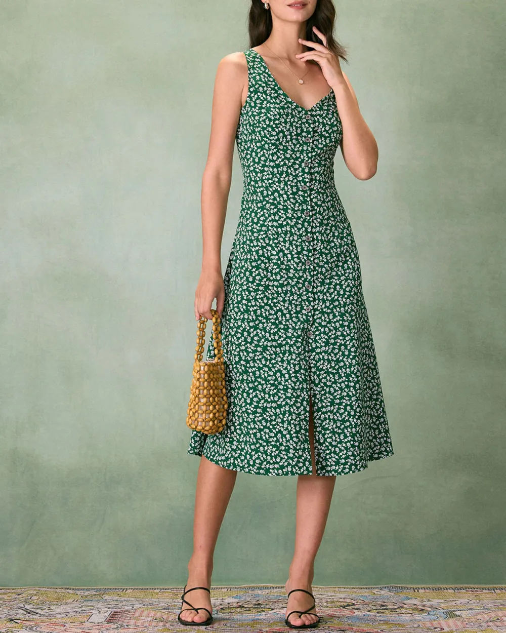 Green V-neck floral dress