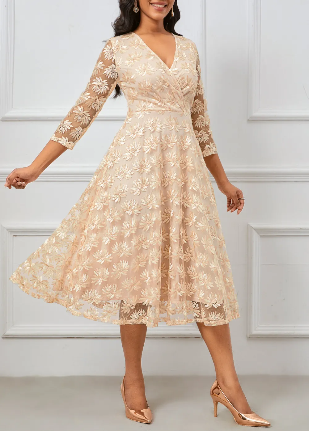 Embroidery Champagne Three Quarter Length Sleeve V Neck Dress