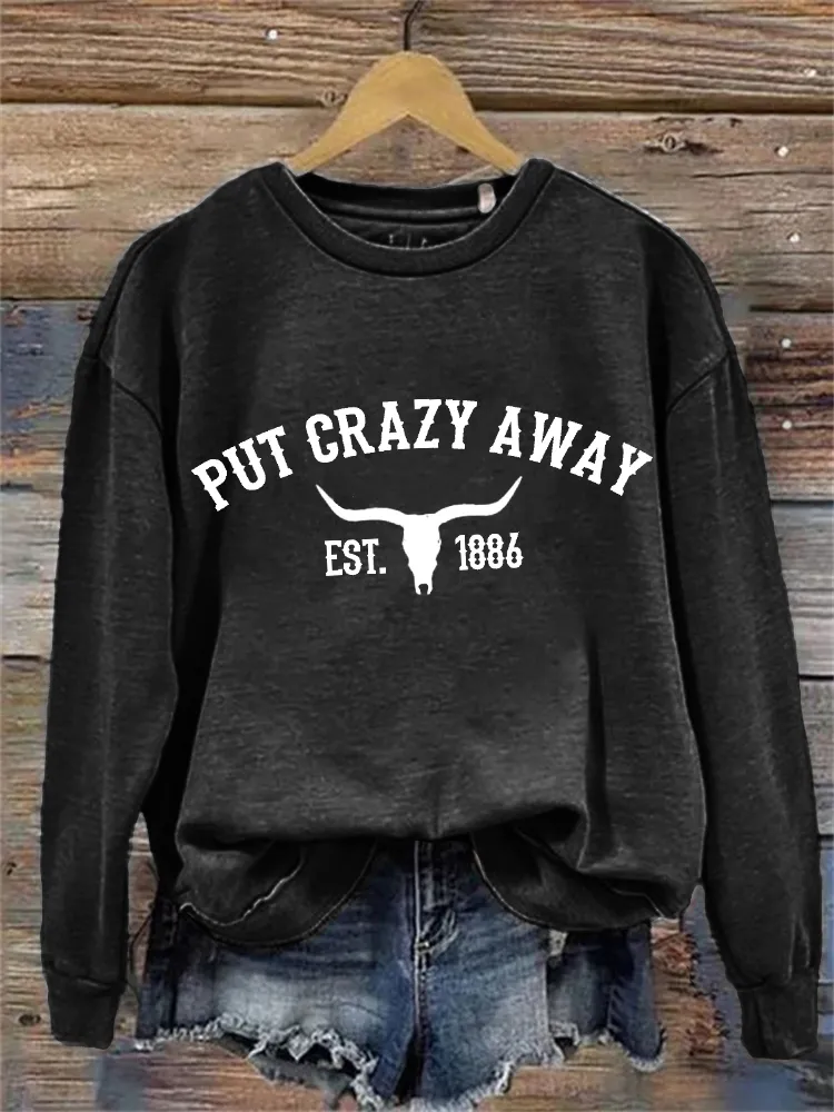 Put Crazy Away Bull Skull Graphic Washed Sweatshirt