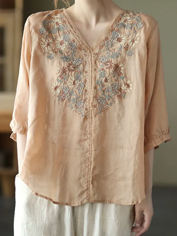 Women's Casual Retro Ethnic Embroidery Cotton Shirt