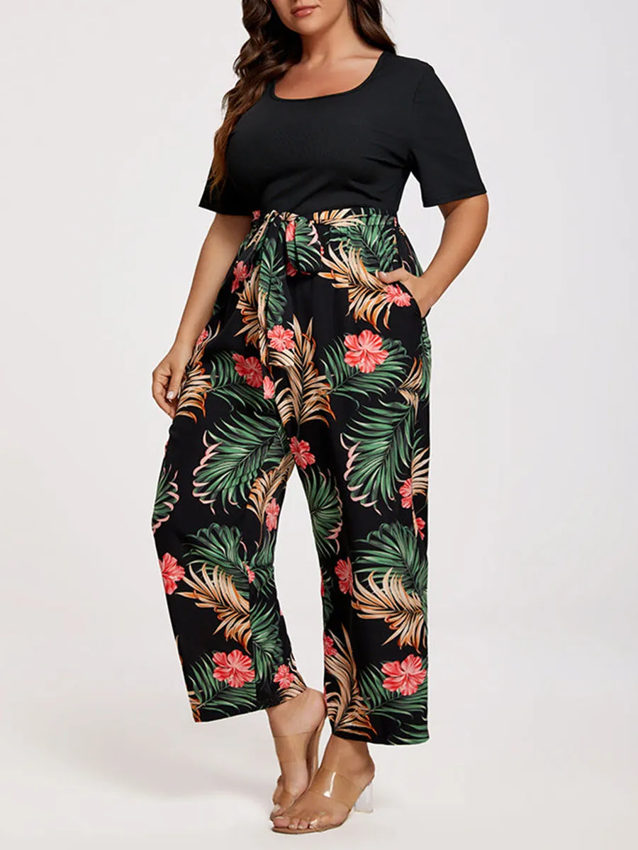 Plus Tropical Print Square Neck Belted Jumpsuit