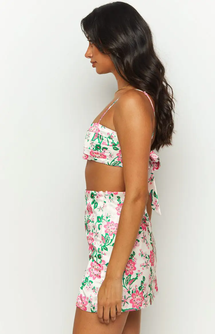 Miranda White Floral Tie Back Satin Crop Top