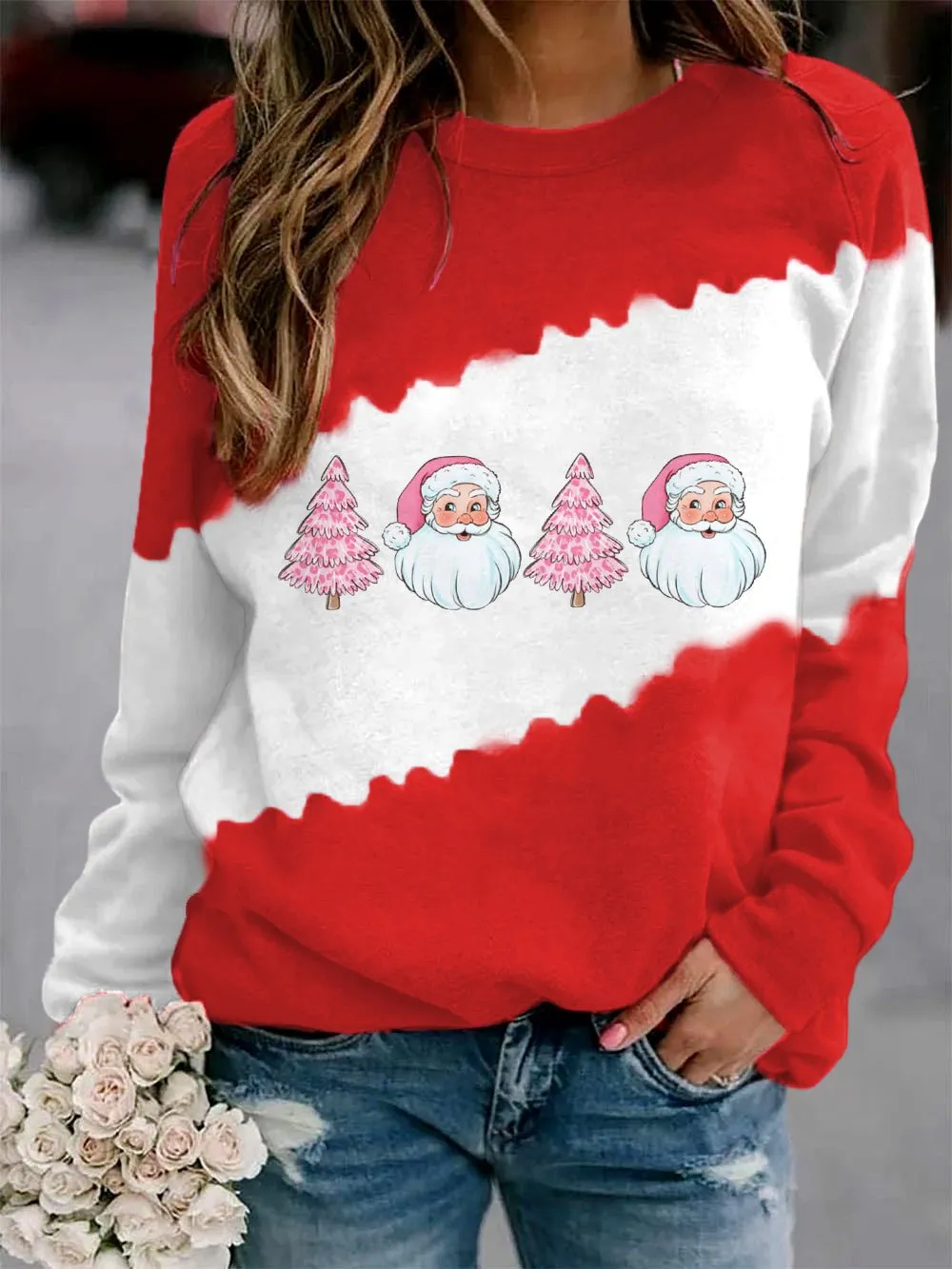 Women's Santa   Tree Print Sweatshirt