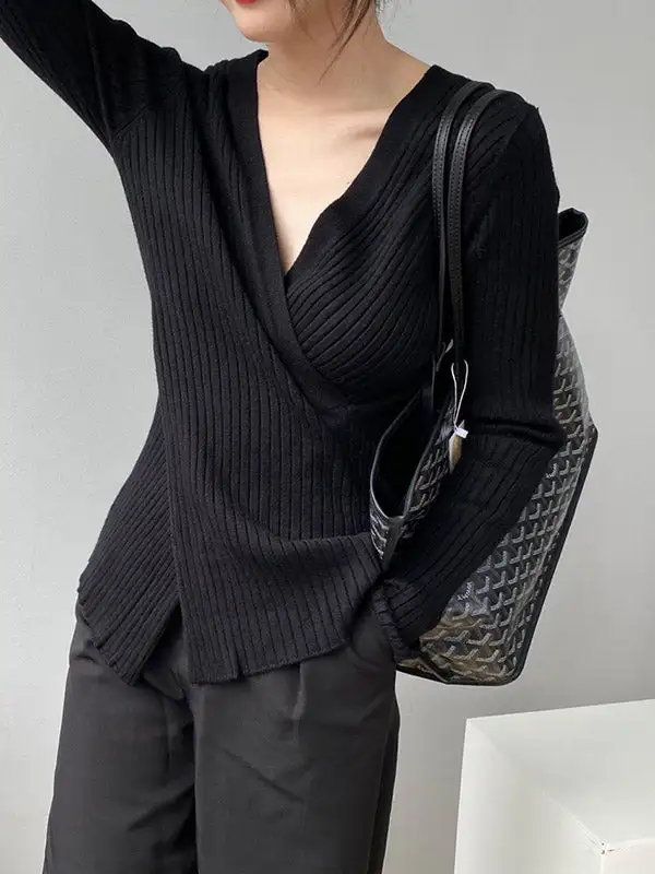 Chic Simple 5 Colors Split-Front V-Neck Long Sleeves Knitted Sweater Tops