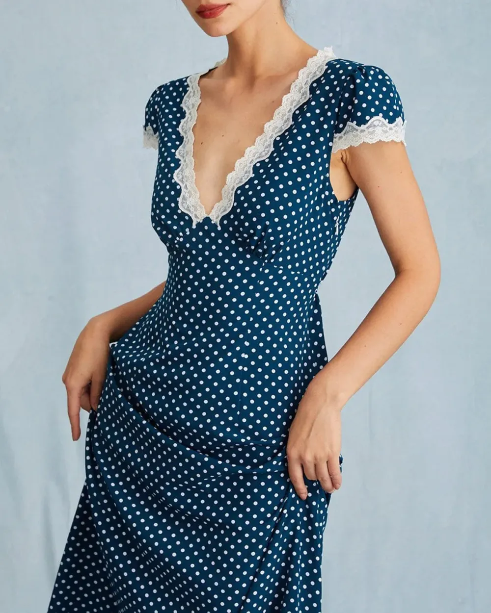 Polka dot deep v retro long dress