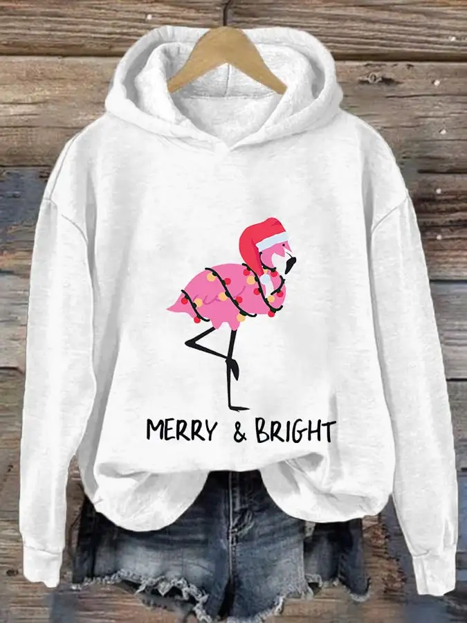 Women's Merry And Bright Christmas Flamingo Print Casual Hooded