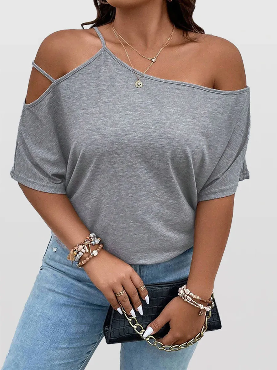 Asymmetrical Neck Batwing Sleeve Cut Out Tee